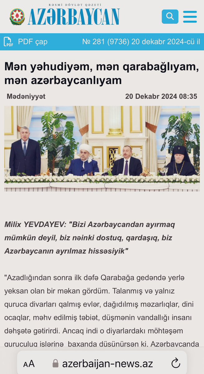 Great article about my dear friend <a href="/MilikhYevdayev/">Milikh Yevdayev</a>, Head of the Community of Azerbaijan’s Mountain Jews: 

“I am Jewish, Garabaghi, Azerbaijani. It is impossible to separate us from Azerbaijan. We are not just friends; we are brothers. We are an inseparable part of Azerbaijan”.
