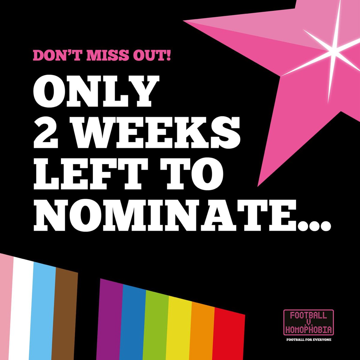 🏳️‍🌈⚽️🏳️‍⚧️ We know there’s so much good work being done across football on LGBTQ+ inclusion - NOW is the time to shout about it!

🏆 The Football v Homophobia Awards is your chance to be celebrated - but time is running out to nominate…

⏳/1