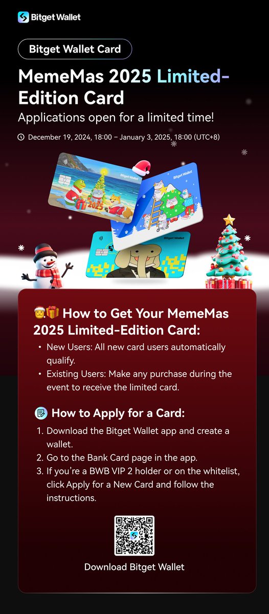 BitGS001's tweet photo. 🎄 @BitgetWallet's #MemeMas 2025 Limited-Edition Card is here! 🌟
Kick off 2025 with Bitget Wallet’s festive card, blending creativity & utility. https://t.co/LbPrvSN9uk