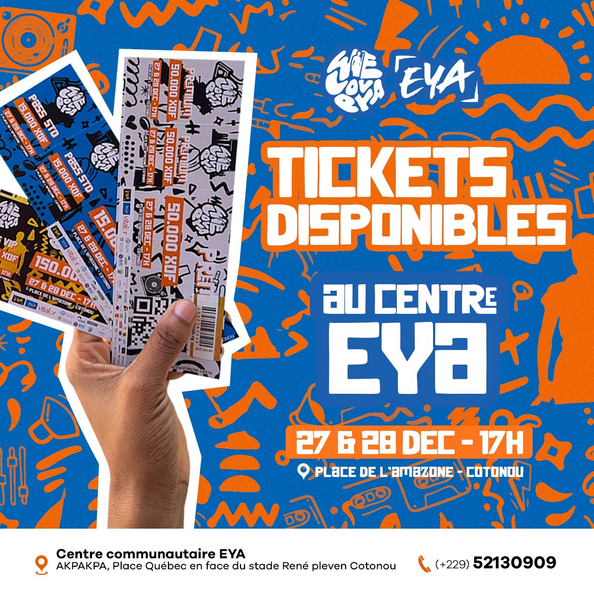 🎟️ Bonne nouvelle ! Les tickets physiques pour le festival WeLovEya sont désormais disponibles au Centre Communautaire.
Dépêchez-vous de vous les procurer et préparez-vous à vivre une expérience inoubliable !
——
#WeLovEya #EyaCenter