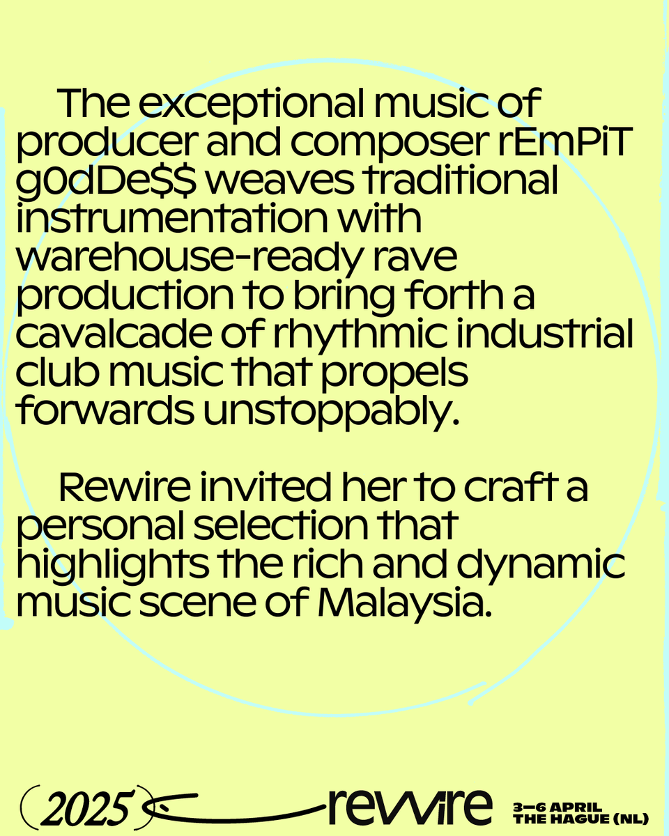 rewirefestival's tweet photo. A first in a new series of curated playlists from Rewire artists, we invited producer and composer @rempitgoddess to craft a playlist that highlights the rich and dynamic music scene of Malaysia. 

Start listening via: https://t.co/ENPF7Oor4F https://t.co/MzmJgXYkf1