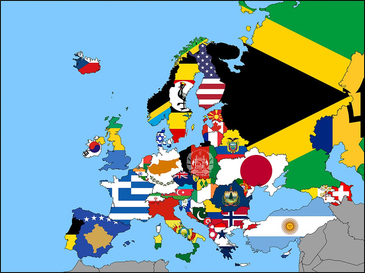 A flag map of Europe, with each flag determined by the country it shares the shortest land border with
