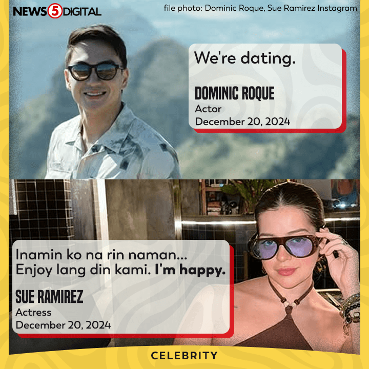 News5PH's tweet photo. Inamin na ng aktor na si #DominicRoque na nagde-date sila ng aktres na si #SueRamirez.

Sinabi ito ni Dominic sa red carpet premiere ng Metro Manila Film Festival #MMFF entry na #TheKingdom. Kabilang si Sue sa cast ng naturang pelikula. https://t.co/GIdd4NPsXM