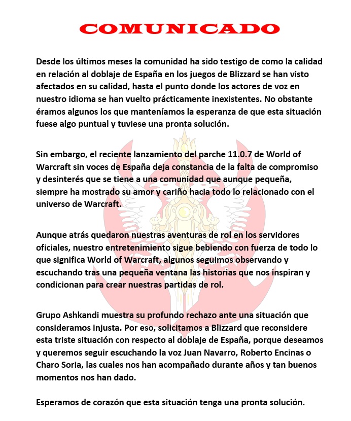 GrupoAshkandi's tweet image. Desde Grupo Ashkandi queremos posicionarnos en total apoyo con la comunidad de España de World of Warcraft.  #WarcraftEnEspañol