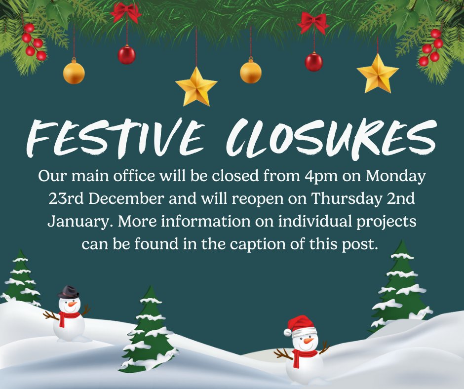 ActiveLancs's tweet photo. ❄️Our main office will be closed for the festive period from 4pm on Monday 23rd December and will reopen on Thursday 2nd January. Please visit our individual project pages for their opening times. https://t.co/dlNHd7P7ZR