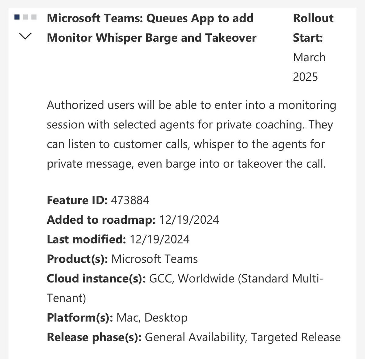 tomarbuthnot's tweet photo. Microsoft Teams Voice-enabled channels will now NOT be retired. 

Microsoft had intended to retire voice-enabled channels in June 2026, but based on customer feedback this will no longer happen. Update to message Center item MC932491.

Queues app remains the recommended native option for more advanced group calling scenarios, with Monitor Whisper Barge and Takeover coming March 2025

#MicrosoftTeams