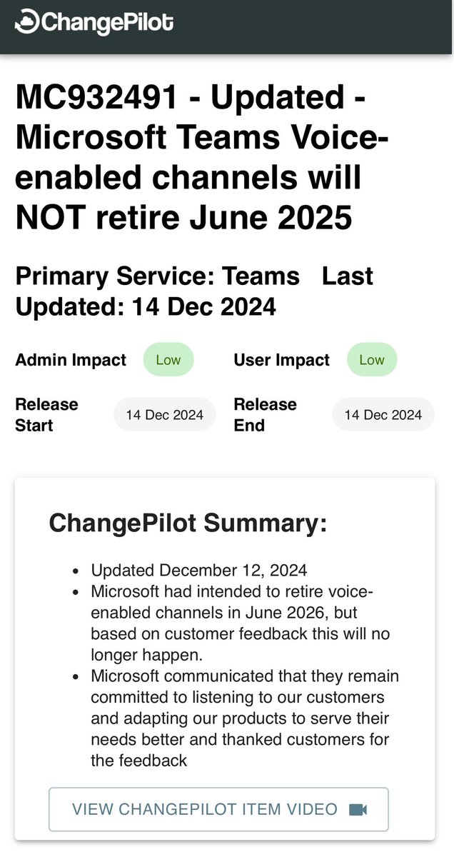 tomarbuthnot's tweet photo. Microsoft Teams Voice-enabled channels will now NOT be retired. 

Microsoft had intended to retire voice-enabled channels in June 2026, but based on customer feedback this will no longer happen. Update to message Center item MC932491.

Queues app remains the recommended native option for more advanced group calling scenarios, with Monitor Whisper Barge and Takeover coming March 2025

#MicrosoftTeams