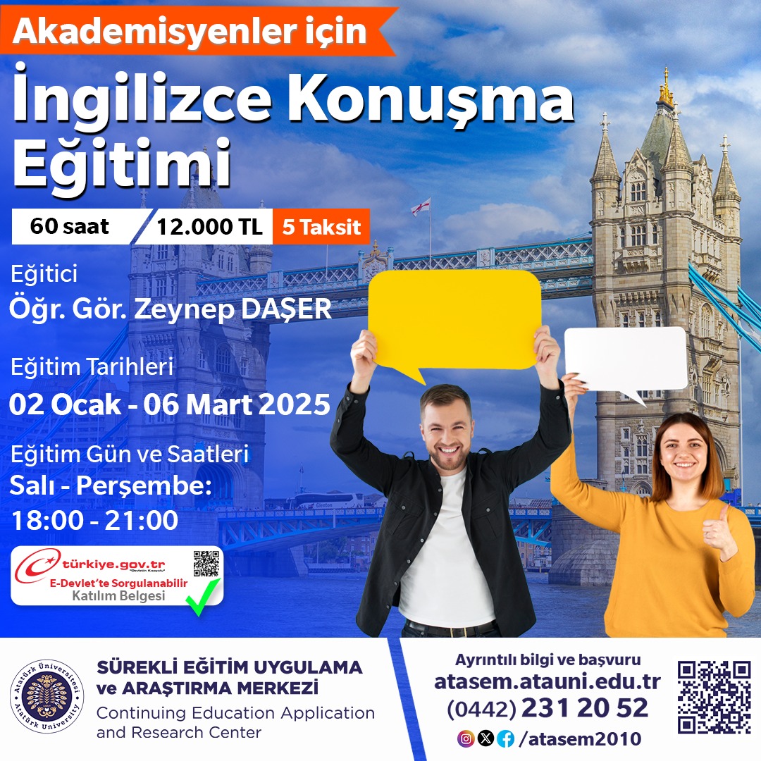 atauniv1957's tweet photo. ✅ Akademisyenler için İngilizce Konuşma Kursu
🔵 Ayrıntılı bilgi ve başvuru için:⤵️
👉https://t.co/mq85zcapTC
#atasem #atasemeğitimleri #atatürküniversitesi https://t.co/JEurAvanOA