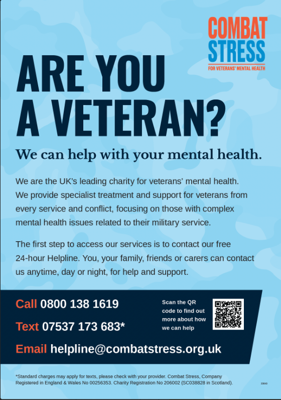 With Christmas approaching it can be a difficult time for some veterans. If you're struggling with your mental health and you're a veteran or family member, our 24-hour Helpline is here for you.  0800 138 1619 - please share.
You are not alone.