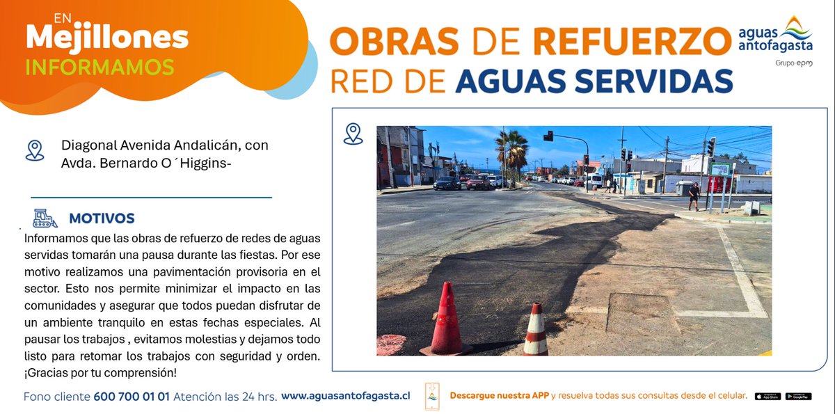 ¡Atención Mejillones🚧 Informamos que las obras ubicadas en Avda. Andalicán con Avda. Bernardo O´Higgins tomarán una pausa durante las fiestas. Por ese motivo realizamos una pavimentación provisoria. Esto nos permite minimizar el impacto de la polución y para quienes transitan