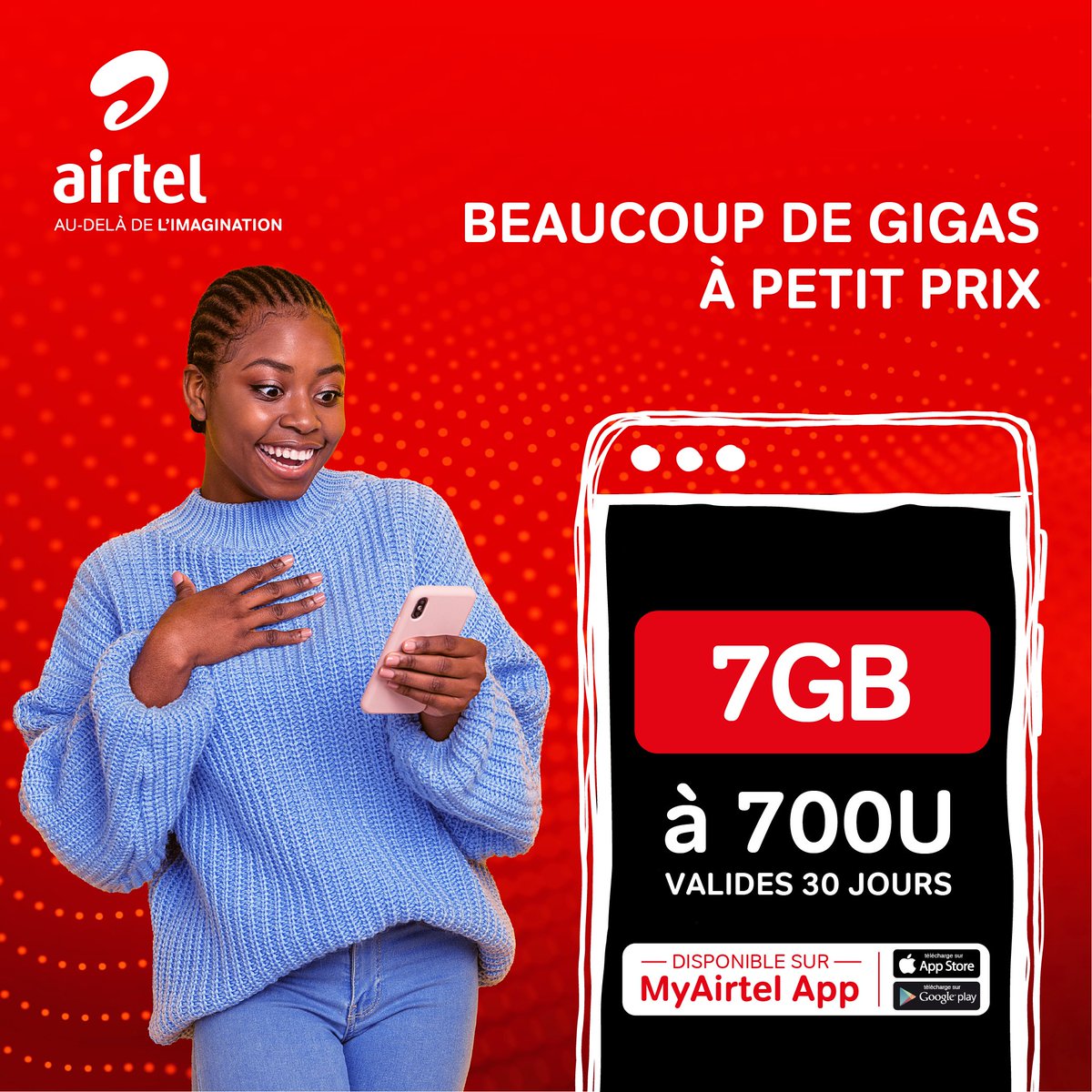 airtelrdc's tweet photo. Avec Airtel, c’est pour le meilleur et pour le prix!

700U = 7Go ! Surfe à gogo avec Airtel.

Rendez-vous sur My Airtel App : https://t.co/mrq3HtzZtk pour en profiter 

#AirtelRdc #ForfaitInternet #MyAirtelApp https://t.co/N3DgcbGUWP