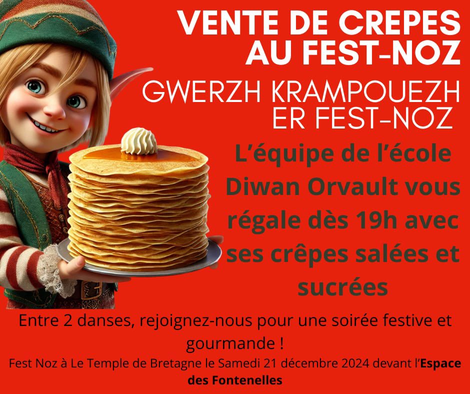 • Le comité de soutien de la future école Diwan d'Orvault s'occupera demain, dès 19h00, de la restauration au fest-noz de Noël qui aura lieu au Temple de Bretagne !

📅 SA. 21/12/24
⌚️ 19:00
📍 Fontelles  — Templ-Breizh / Temple de Bretagne

facebook.com/events/s/fest-…