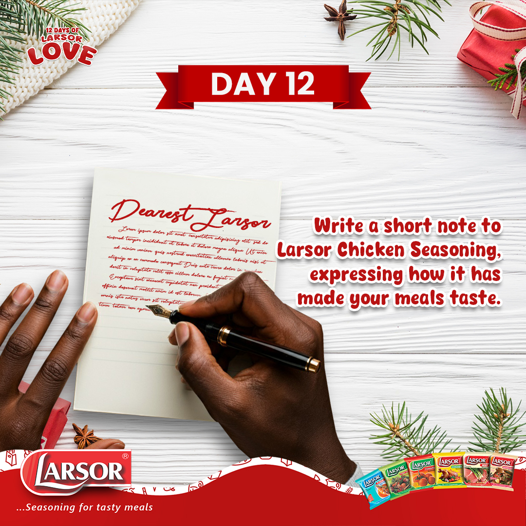 LarsorSeasoning's tweet photo. It’s the final day of trivia in our #12DaysofLarsorLove, but don’t worry the challenge continues until the 31st! There’s still time to claim your share of ₦10,000

Swipe for terms

Let’s end this trivia on a high note make your letter stand out!

#LarsorSeasonings https://t.co/9gIzQvqBB7