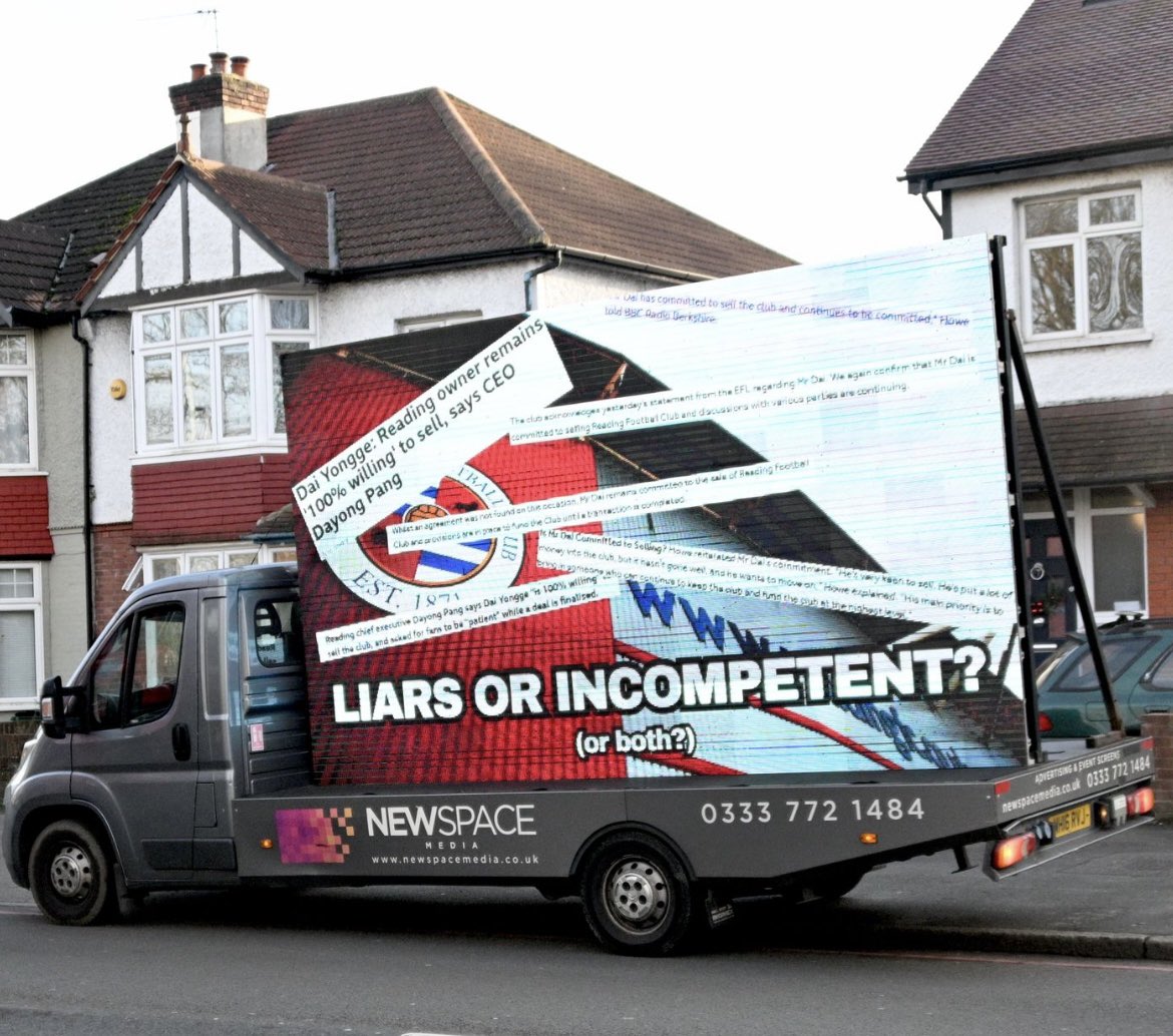 SellBeforeWeDai's tweet photo. Still parked up at our CEO’s gaff.

So many promises were made by you and owner Dai Yongge.

We can’t even fit them all on one screen or make them big enough to see.

Pang, you told us on @talkSPORT to be patient 11 months ago now.

Liars or incompetent? You tell us.

#readingfc https://t.co/G3gNMfVV1W