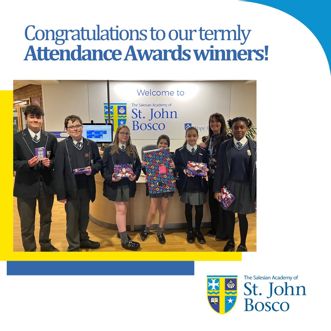 SalesianAcademy's tweet image. 🏆⭐A huge congratulations to the winners of our pupil #AttendanceAward.

Strong attendance is so important for pupil&apos;s academic and personal success at school - the raffle has now been drawn and our main winner received a £50 Voucher!

#RUAH #SASJB #StudentSuccess