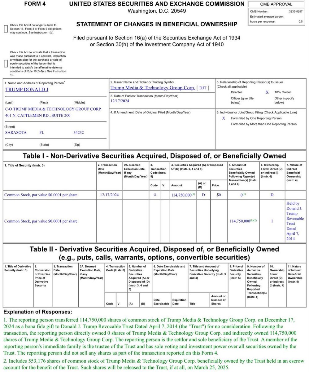 Trump transferring his shares to a trust yesterday can be interpreted as an attempt to separate his personal financial situation from the operations of his company, Trump Media &amp; Technology Group (DJT). Particularly in the context of a major transaction like the potential