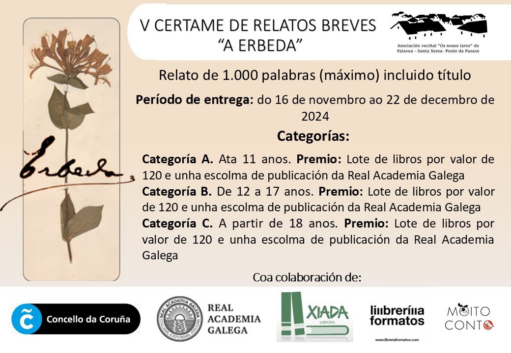 Recordamos que ata  o domingo podes participar no V Certame de relato curto a Erbeda que organizamos dende a asociación de veciños coa colaboración da <a href="/AcademiaGalega/">Real Academia Galega</a> e tres librarías locais. Agardamos os vosos relatos 📝📝📚