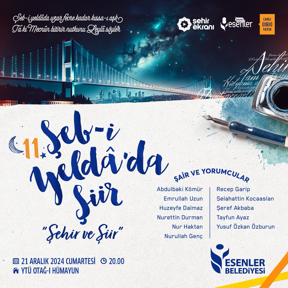 Yılın en uzun gecesi olan #21Aralık’ta, edebiyatımızın en güzel dizelerini "Şeb-i Yeldâ'da Şiir" programımızda dinleyeceğiz. Tüm edebiyatseverler davetlidir. 🌙📜

📍 YTÜ Davutpaşa Kampüsü Otağ-ı Hümayun