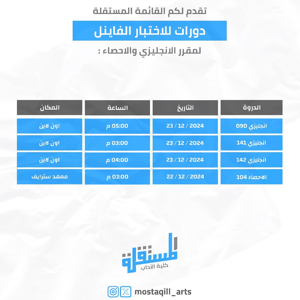 تقدم لكم القائمة المستقلة💙💛
دورات للأختبار الفاينل 

للتسجيل في تلك الدورات الرجاءً للتواصل مع الارقام التالية : 

" البنات "
58882939 
64449091
50495975

" الشباب " 
 67055088
55808017

#إن_آدابي_دياري
#Mostaqilla_Arts