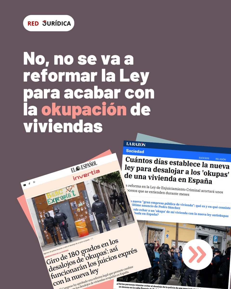 Ayer el Congreso aprobó la conocida como "Ley de Eficiencia Procesal" que, según varios medios y políticos, acabará con la okupación gracias a los "desalojos exprés" que se acordarán por medio de juicios rápidos. Vamos a explicar aquí por qué no es cierto 🧵👇