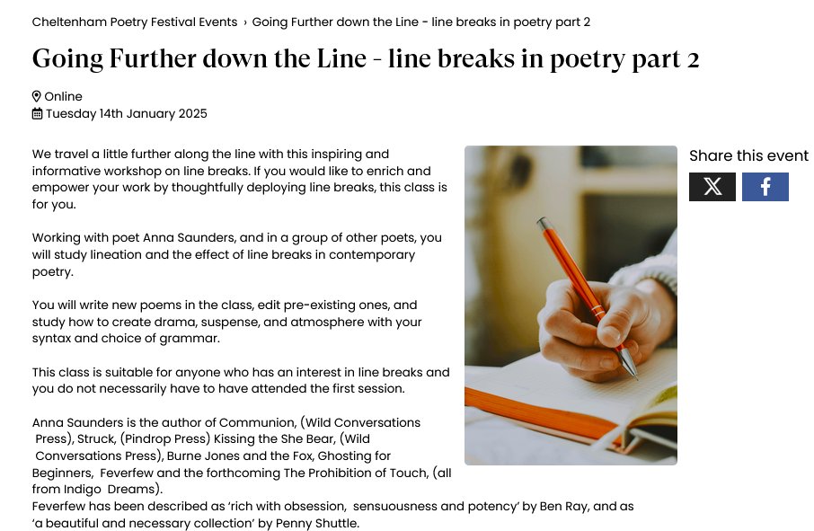 CheltenhamPoetryFest (@cheltpoetfest) on Twitter photo Why not offer the gift of a workshop this Christmas. This masterclass with poet and festival director <a href="/AnnaSaund1/">Anna Saunders</a> would make an inspiring and unique present for the writer in your life - even if that writer is you..
ticketsource.co.uk/cheltenhampoet… Why not offer the gift of a workshop this Christmas. This masterclass with poet and festival director <a href="/AnnaSaund1/">Anna Saunders</a> would make an inspiring and unique present for the writer in your life - even if that writer is you..
ticketsource.co.uk/cheltenhampoet…