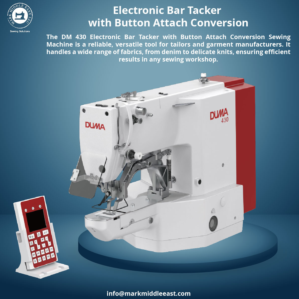 MARKE2002's tweet image. The DM 430 Electronic Bar Tacker with Button Attach Conversion Sewing Machine is a reliable, versatile tool for tailors and garment manufacturers
Click on the following link for more information.
markmiddleeast.ae/product/duma-4…

#SewingMachine #BarTacker #ButtonAttachSewing
