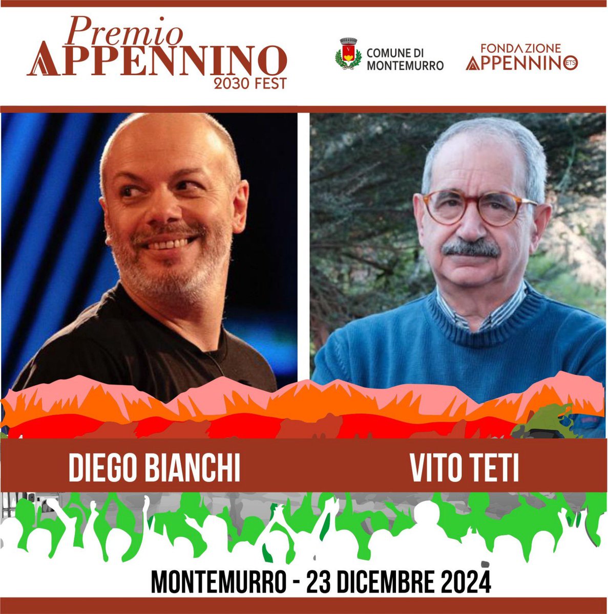 A Montemurro lunedì 23 dicembre 2024 ore 17.30 la seconda sessione del Premio Appennino 2030Fest. Premiati Diego Bianchi e Vito Teti.

Scopri di più su #AppenninoFondazione appenninofondazione.it/2024/12/20/pre…