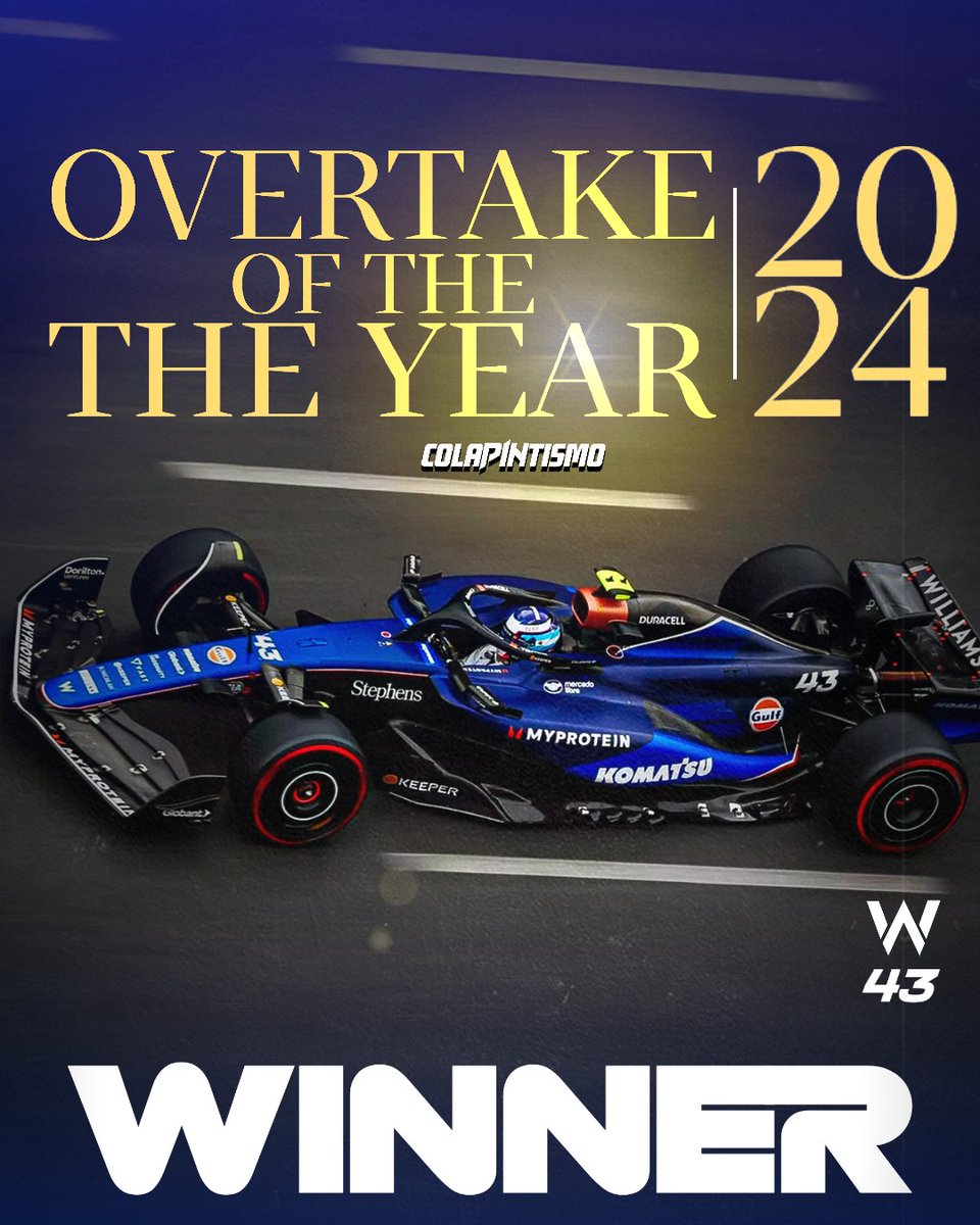 🚨¡OFICIAL! : Colapinto 🇦🇷 gana el premio overtake del año 2024.

🏆 El primer rookie en ganar este premio.