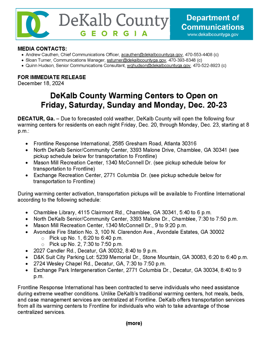 commissionersrb's tweet photo. DeKalb County Warming Centers to Open on December 20 through December 23 https://t.co/ZJJoy8l34j