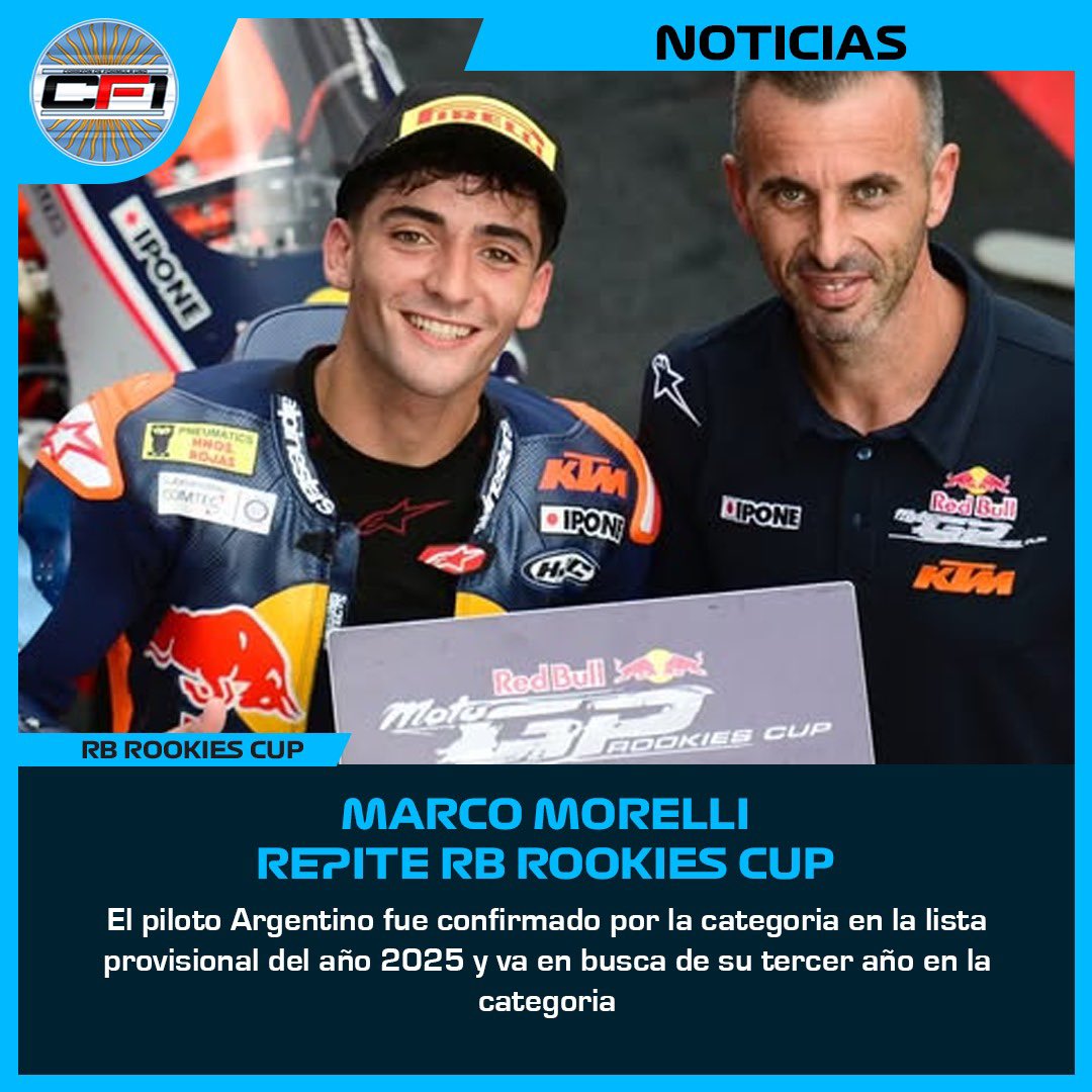 Corazondef1's tweet photo. 🔵⚪️🔵MORELLI CONFIRMADO PARA EL 2025💪🏻
🇦🇷Fue gran protagonista en el 2024 mientras espera el ok para el campeonato Europeo de Moto 3, ya tendrá parte de su tiempo ocupado 🔜
.
.
.
#MarcoMorelli #Morelli #RBRookiesCup #Argentina
👉🏻 https://t.co/gBGMR7caqu https://t.co/gsGrJjpL1T