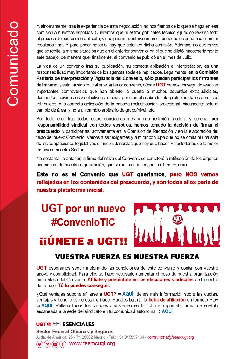 🚨La Patronal presenta una última oferta para un preacuerdo: 

✅ Subidas: 4% 2025, 3% 2026 y 3% 2027.
✅ Cláusula de revisión al #IPC acumulado, de hasta un +2%.
✅ Nivel E2 área 3, 17.300€ 2025.

👉 #UGT nos hemos quedado solos defendiendo el NO a la compensación/absorcion...