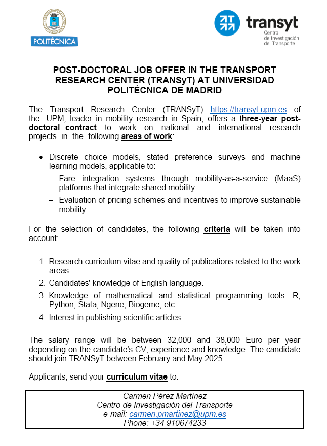 transyt_upm's tweet photo. 🔴 #WeAreHiring

We offer a three-year postdoctoral contract to work on national and international research projects.

👉 https://t.co/3fPwFUi9t0

#mobility #transport #sustainablity #research #TRANSyT #somosUPM https://t.co/QNaKZFnTd9