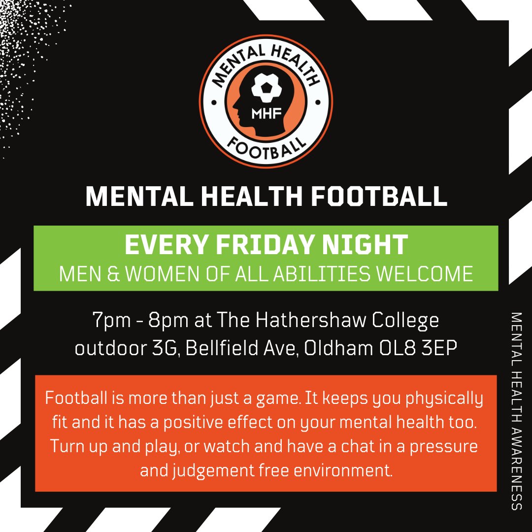 Mental Health Football (@mhf_oldham) on Twitter photo It's MHF Christmas Jumper Day! 🎅⚽
Fancy a game of football tonight with no pressure or expectations? Play, or watch and have a chat with a great group of friendly, welcoming people.
7pm - 8pm on the outdoor 3G at <a href="/HathershawC/">Hathershaw College</a>. Christmas jumpers welcome! 🧶🎄
#PeerSupport It's MHF Christmas Jumper Day! 🎅⚽
Fancy a game of football tonight with no pressure or expectations? Play, or watch and have a chat with a great group of friendly, welcoming people.
7pm - 8pm on the outdoor 3G at <a href="/HathershawC/">Hathershaw College</a>. Christmas jumpers welcome! 🧶🎄
#PeerSupport