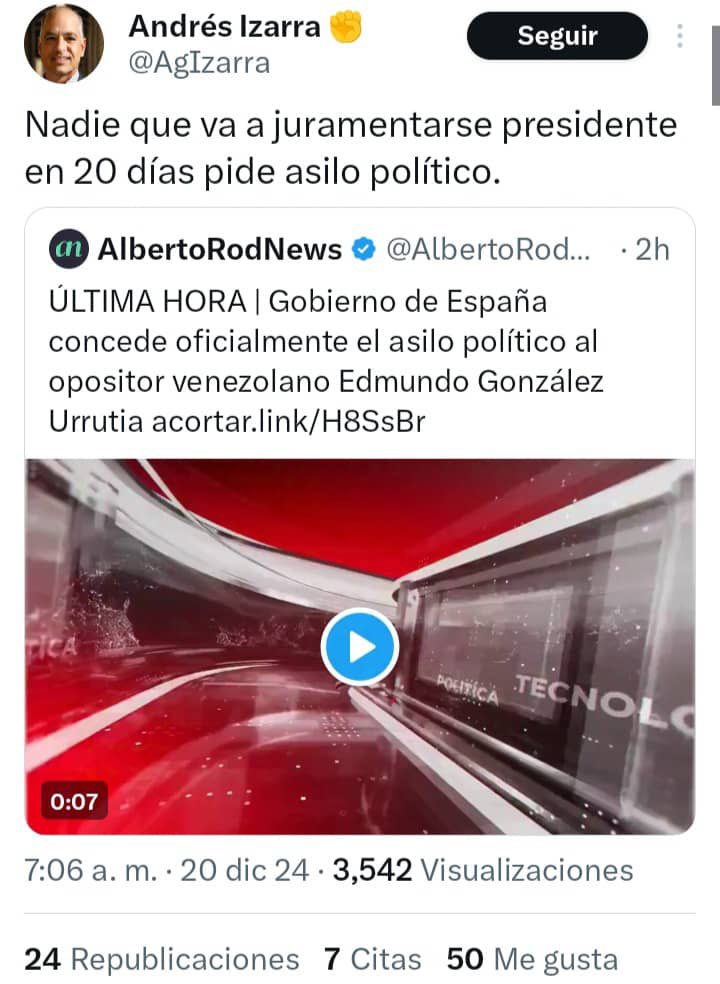 RoiLopezRivas's tweet photo. En sólo 24 horas:

- Edmundo González recibe asilo en España (ya no viene el 10 de enero)

- Prófugo Martínez Motola escapa de la Embajada de Argentina (por temas de convivencia) y se pone a derecho en tribunales.

- Pdvsa y Reliance 🇮🇳 firman acuerdo petrolero con aprobacion de la OFAC.

- Vicepresidenta y Ministra de interior de Argentina pelean en redes sociales por el caso del espia argentino preso en Venezuela.

La que esta aislada no es Venezuela , es Maria Corina Machado.