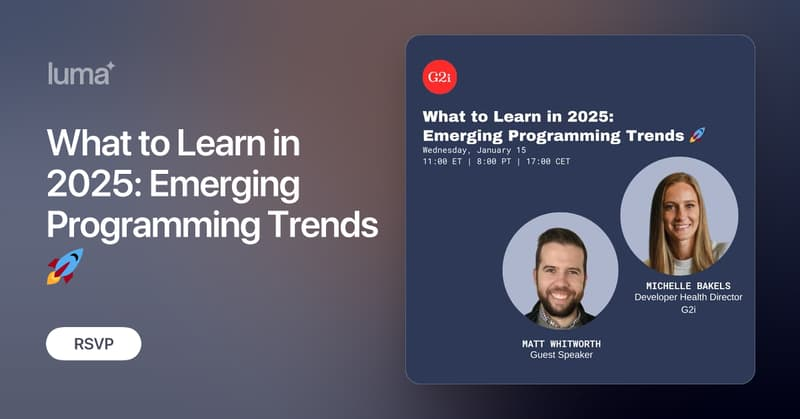 Start 2025 strong! Join our Jan 15th webinar "What to Learn in 2025: Emerging Programming Trends" hosted by <a href="/MichelleBakels/">Michelle Bakels</a> with special guest Matt Whitworth from PureType AI.  

We're diving into: 
AI-leveraged Development
Decentralized Apps (#dApps)
Multi-agent AI Workflows