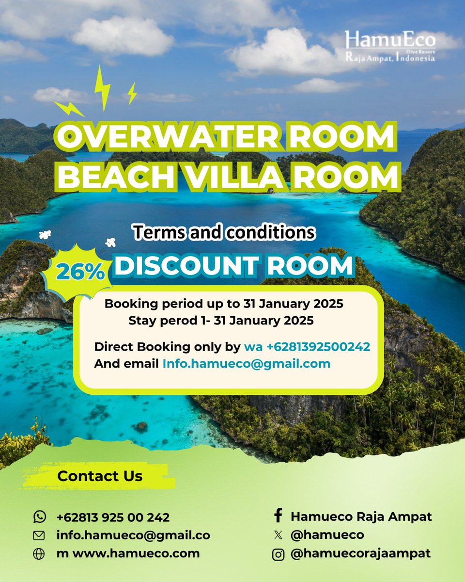 hamueco's tweet photo. Surprise! HamuEco Resort is giving a 26% discount to celebrate its anniversary.

Don't forget to screnshoot this promo.

Book now! ⏰

It's your time to visit last paradise on earth
https://t.co/PkDy09Oygc

For reservation,
WA : 0813 9250 0242
Email : info.hamueco@gmail.com https://t.co/dHsHbGaO4X