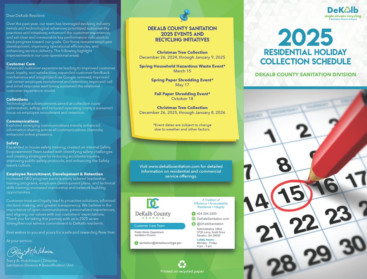 commissionersrb's tweet photo. DeKalb Announces Christmas and New Year’s Residential Sanitation Collection Schedule, Offers Free Curbside Christmas Tree Removal, and Releases 2025 Holiday Schedule Brochure

To download the brochure, visit https://t.co/q1cexoHpIM https://t.co/aNB1fdAvip