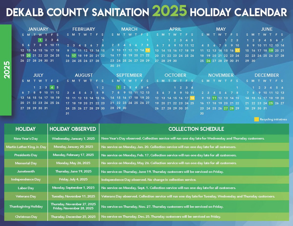 DeKalb Announces Christmas and New Year’s Residential Sanitation Collection Schedule, Offers Free Curbside Christmas Tree Removal, and Releases 2025 Holiday Schedule Brochure

To download the brochure, visit dekalbcountyga.gov/sites/default/…