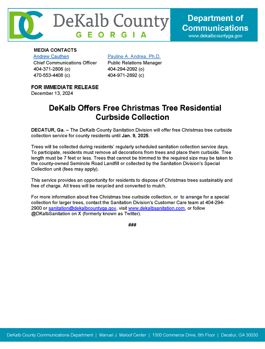 commissionersrb's tweet photo. DeKalb Announces Christmas and New Year’s Residential Sanitation Collection Schedule, Offers Free Curbside Christmas Tree Removal, and Releases 2025 Holiday Schedule Brochure

To download the brochure, visit https://t.co/q1cexoHpIM https://t.co/aNB1fdAvip