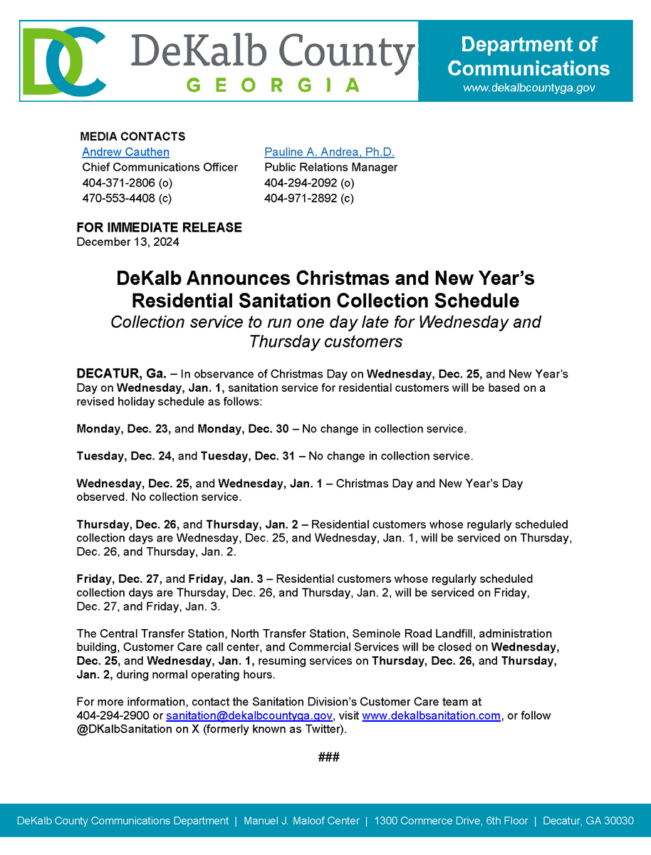 commissionersrb's tweet photo. DeKalb Announces Christmas and New Year’s Residential Sanitation Collection Schedule, Offers Free Curbside Christmas Tree Removal, and Releases 2025 Holiday Schedule Brochure

To download the brochure, visit https://t.co/q1cexoHpIM https://t.co/aNB1fdAvip