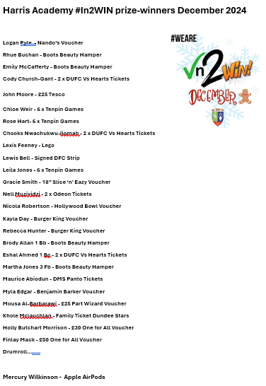 harrisacdundee's tweet image. Fantastic #In2Win prize-draw this morning @harrisacdundee! Congratulations to all of our prize-winners - the top prize of Apple Airpods was won by Mercury Wilkinson!! 

❤️💛💚💙