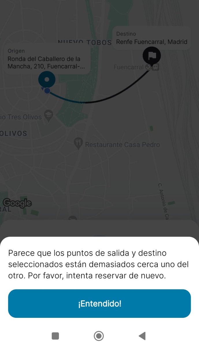 La aplicación de Smart Bus Madrid no permite ir desde <a href="/Tres_Olivos/">A.V. Barrio de Tres Olivos</a> a la estación de Cercanías de Fuencarral.
Están cerca pero hay un parque, una subida, es complicado llegar... y aparte una persona con movilidad reducida debería poder hacer ese trayecto.