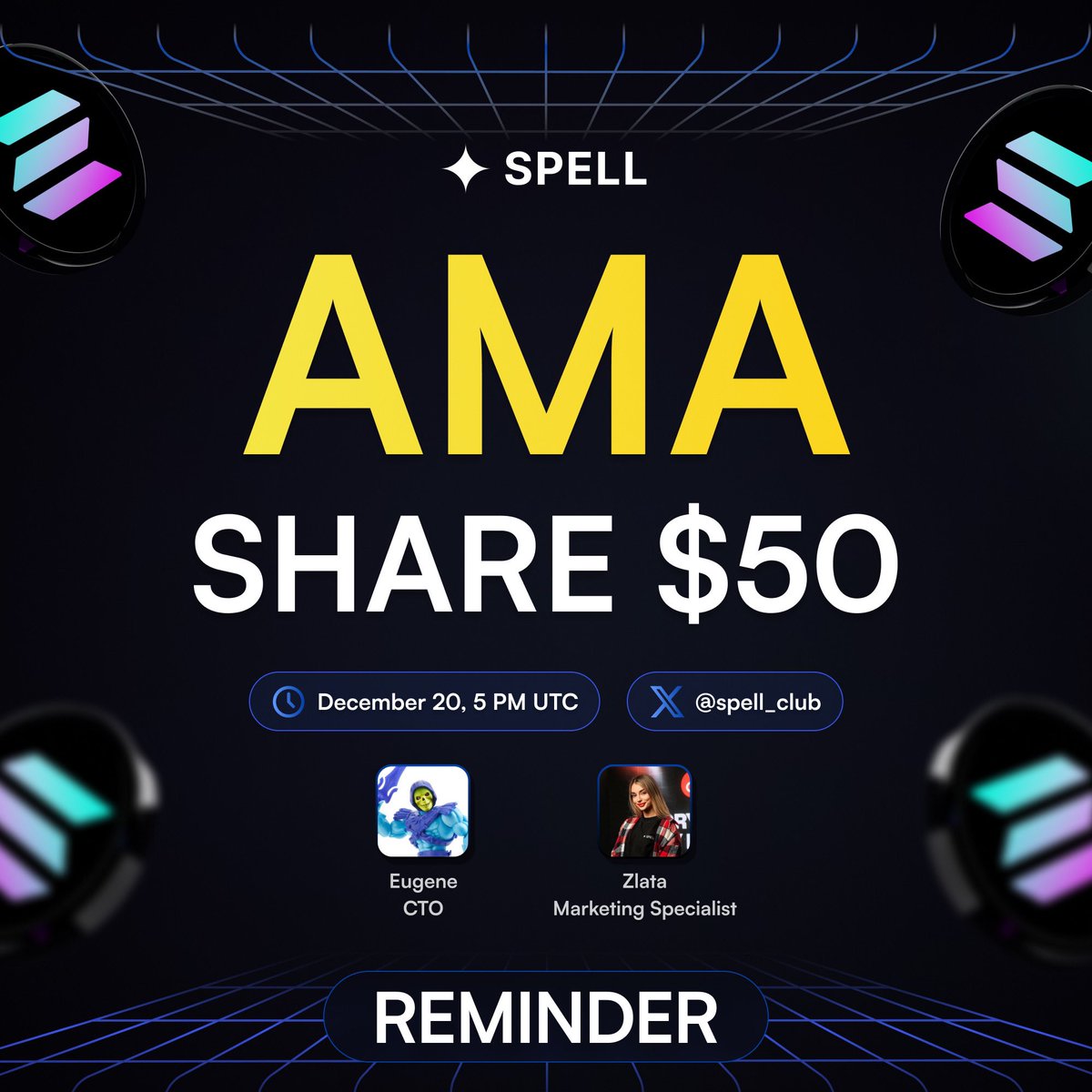 spell_club's tweet photo. 🎯 Join #SpellTeam Today For a Live Q&A Session at 5 PM UTC!
We're giving away $50 $SOL for the 5 best questions asked during the session.
Don't miss your chance to participate and win!
Join #SpellWallet AMA: https://t.co/SfTQKuH5cy https://t.co/yYdnBrBTlX