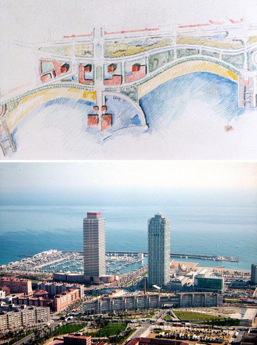 efemarq's tweet photo. #Taldiacomavui de 1925 va néixer l'arquitecte català Oriol Bohigas, autor amb MBM Arquitectes del pla de la Vila Olímpica (1985-92) de Barcelona. Un pla que en cert moment es presentà a Madrit, a Fomento, amb 4 torres (evocant les "quatre barres") i els espanyols digueren: no. https://t.co/c7sgT4fUCH