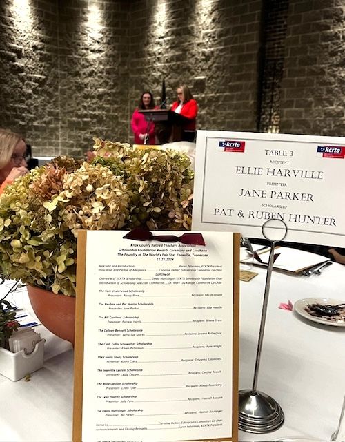 Ellie Harville, a current PreK-3 Intern and Graduate Student, and was recently awarded a *scholarship* by the Knox County Retired Teachers' Association. Here she is being recognized at the recent awards ceremony and luncheon. CoNgrATs, Ellie! 🎉  🎉