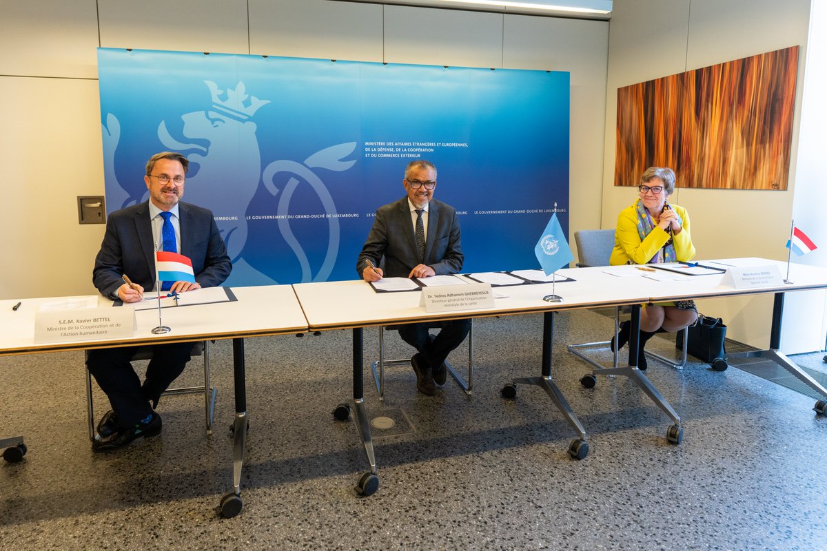 Today in Luxembourg, <a href="/DrTedros/">Tedros Adhanom Ghebreyesus</a> signed a new:
- strategic partnership framework with Deputy Prime Minister <a href="/Xavier_Bettel/">Xavier Bettel</a> 
- donor agreement with Health Minister @deprez_martine_ 

The strategic partnership framework will support WHO’s work to save 40 million lives over the next 4
