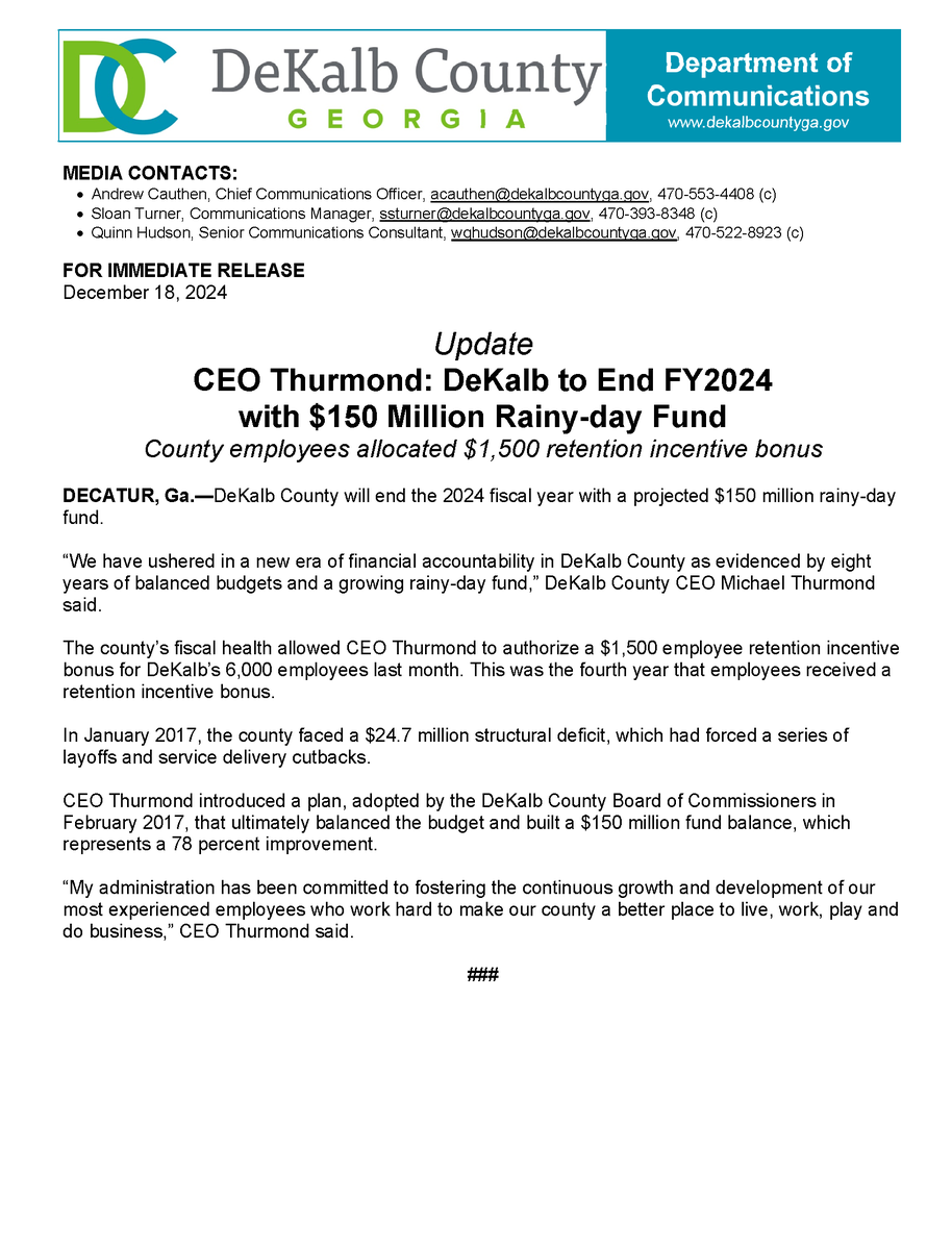 CEO Thurmond: DeKalb to End FY2024 with $150 Million Rainy-day Fund