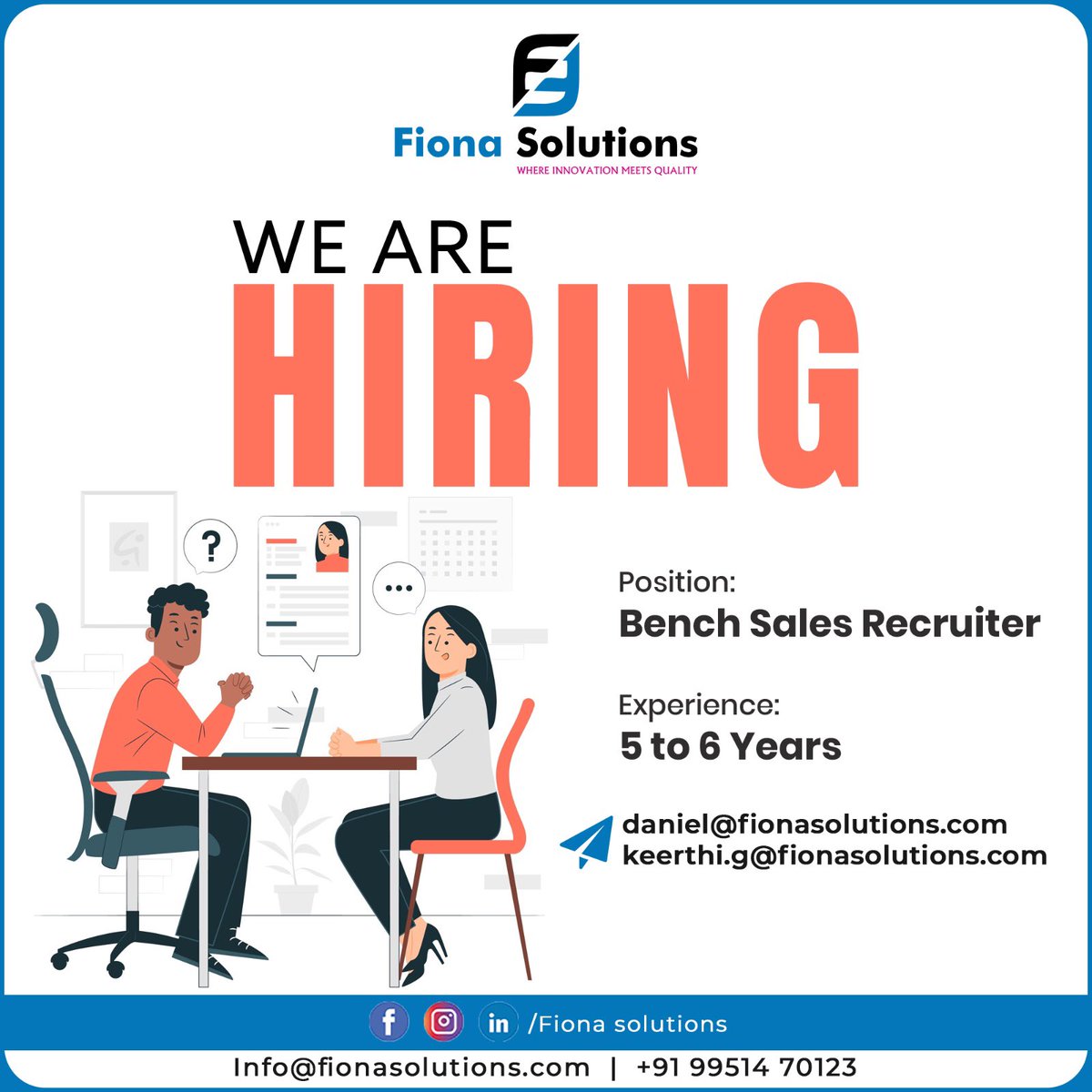 FionaSolutions's tweet image. Are you an experienced Bench Sales Recruiter looking to advance your career?
🔍 Position: Bench Sales Recruiter
📈 Experience: 5 to 6 years
Daniel: daniel@fionasolutions.com
Keerthi G: keerthi.g@fionasolutions.com
At Fiona Solutions, we believe in innovation, collaboration.