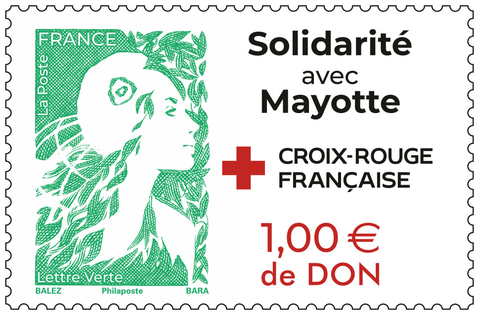 ToutSurLeTimbre (@toutsurletimbre) on Twitter photo La Poste émettra le 2 janvier 2025 un timbre à dons intégrant un don d'1€ au profit de la <a href="/CroixRouge/">Croix-Rouge fr</a>🇫🇷, dont elle est partenaire depuis plus de 100 ans.
Ce #timbre est composé de la Marianne associée à un
message de solidarité pour #Mayotte.
<a href="/GroupeLaPoste/">La Poste Groupe</a> #solidaritemayotte La Poste émettra le 2 janvier 2025 un timbre à dons intégrant un don d'1€ au profit de la <a href="/CroixRouge/">Croix-Rouge fr</a>🇫🇷, dont elle est partenaire depuis plus de 100 ans.
Ce #timbre est composé de la Marianne associée à un
message de solidarité pour #Mayotte.
<a href="/GroupeLaPoste/">La Poste Groupe</a> #solidaritemayotte