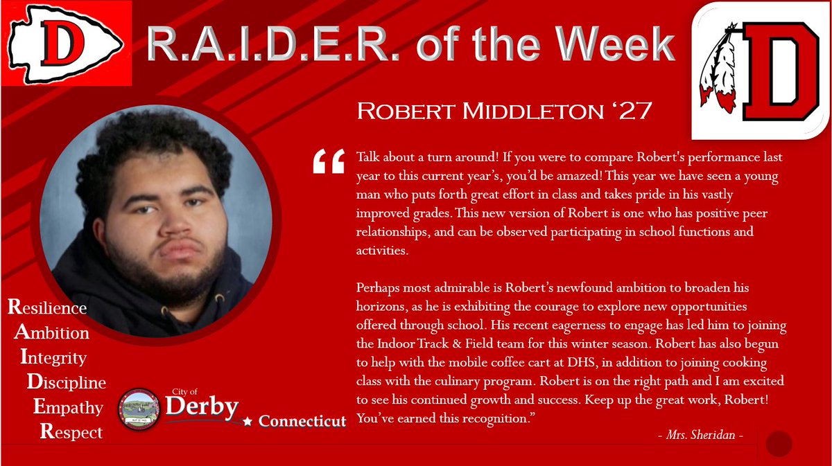 Making a push for the "turnaround success story" awarded at the end of the year, Robert has been nothing short of inspiring in his revived enthusiasm &amp; commitment to school. We hope to see it continue through into the new year. Keep it going, Robert!💪
<a href="/DerbyRedRaider/">Derby High School</a> <a href="/DerbypsE/">DerbySheridan</a>